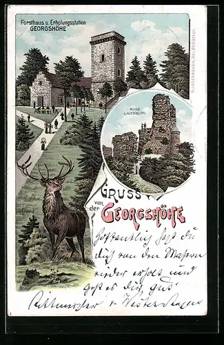 Lithographie Georgshöhe, Gasthaus Forsthaus mit Hirsch, Ruine Lauenburg