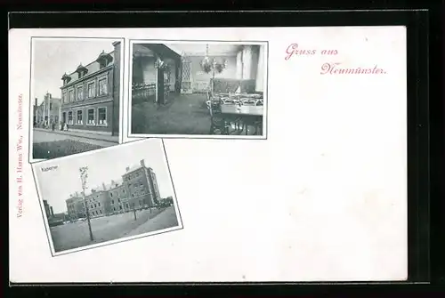 Passepartout-AK Neumünster, Kaserne mit Strasse, Hof und Innenansicht