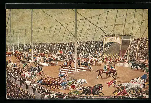 Künstler-AK Zirkus Krone, Circus Maxim II mit seinen altrömischen Arenaspielen und Wagenwettkämpfen