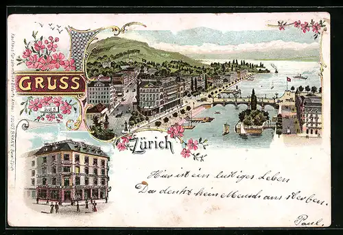 Lithographie Zürich, Teilansicht mit Brücke, Tonhalle am Alpenquai