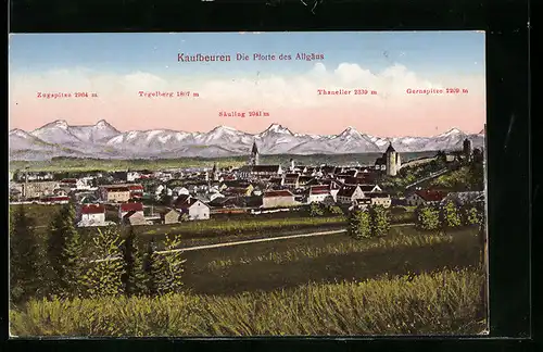 AK Kaufbeuren / Allgäu, Panorama mit Gebirgswand