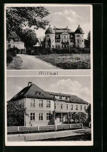 AK Milkel bei Bautzen, Gebäude mit Strasse, Schloss