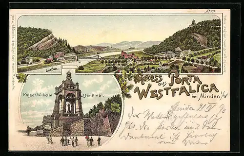 Lithographie Porta Westfalica, Gesamtansicht, Kaiser Wilhelm Denkmal