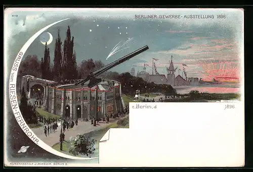 Lithographie Berlin-Treptow, Treptower Riesenfernrohr in der Dämmerung