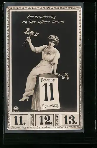 AK Junge Dame mit Kalenderblatt, Datum 11. Dezember 1913