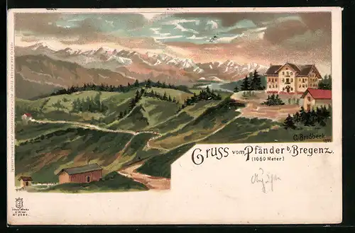 Lithographie Bregenz, Gruss vom Pfänder in der Dämmerung