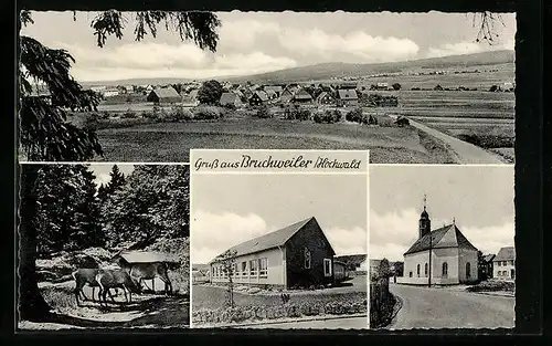 AK Bruchweiler bei Idar-Oberstein, Kirche, Gebäudeansicht, Rehe im Wald