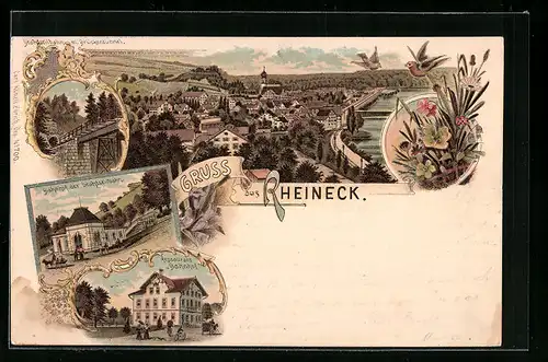 Lithographie Rheineck, Restaurant Bahnhof, Bahnhof der Drahtseilbahn, Brückentunnel