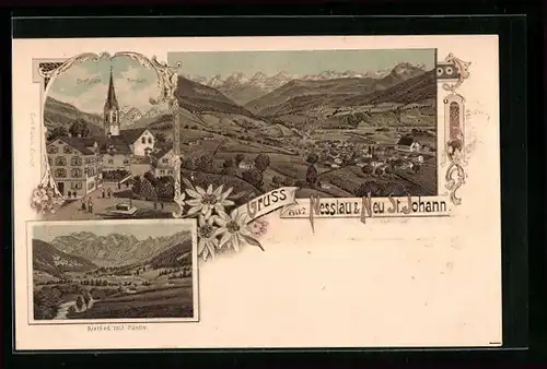 Lithographie Nesslau, Ortsansicht m. Buchdruckerei a. d. Dorfplatz und Neu St. Johann