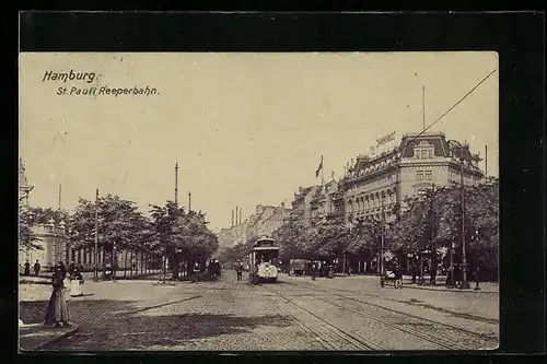 AK Hamburg-St. Pauli, Strassenbahn auf der Reeperbahn