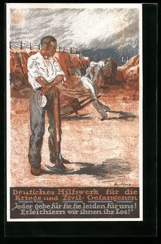 AK Deutsches Hilfswerk für die Kriegs und Zivil-Gefangenen, Mann bei landwirtschaftlicher Arbeit