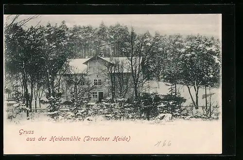 AK Dresden, Gasthaus Heidemühle im Winterkleid
