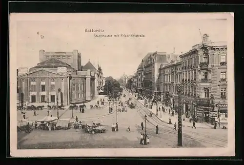 AK Kattowitz, Stadttheater mit Friedrichstrasse aus der Vogelschau