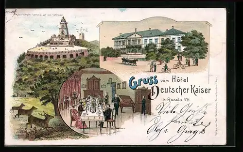 Lithographie Rossla a. H., Hotel Deutscher Kaiser, Inneres Speisesaal, Kaiser-Wilhelm-Denkmal auf dem Kyffhäuser
