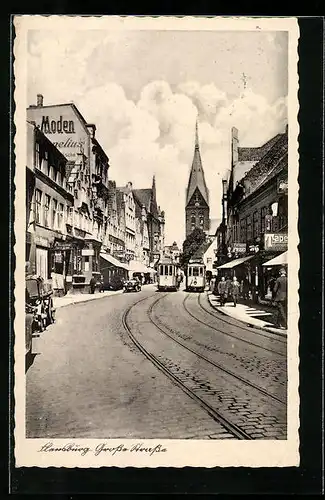 AK Flensburg, Grosse Strasse mit Strassenbahnen