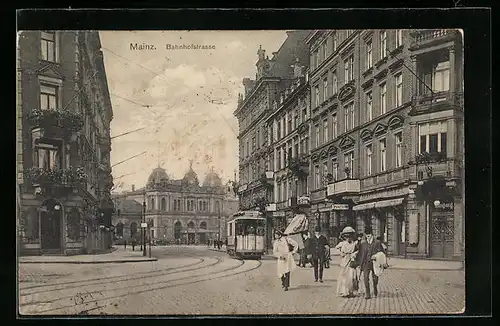 AK Mainz, Strassenbahn in der Bahnhofstrasse