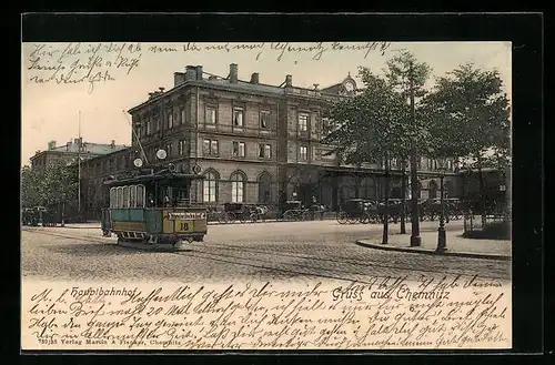 AK Chemnitz, Partie vor dem Hauptbahnhof mit Strassenbahn