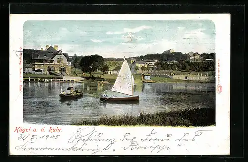 AK Hügel an der Ruhr, Bootspartie mit Ufergebäude und Ortsblick