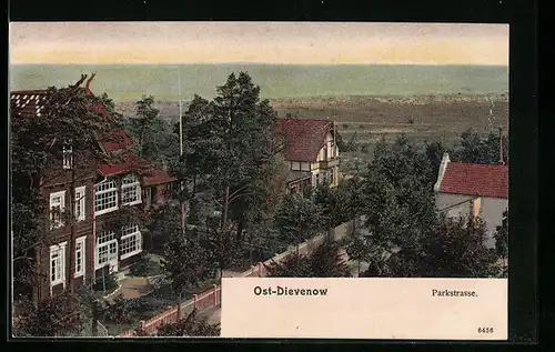 AK Ost-Dievenow, Parkstrasse aus der Vogelschau