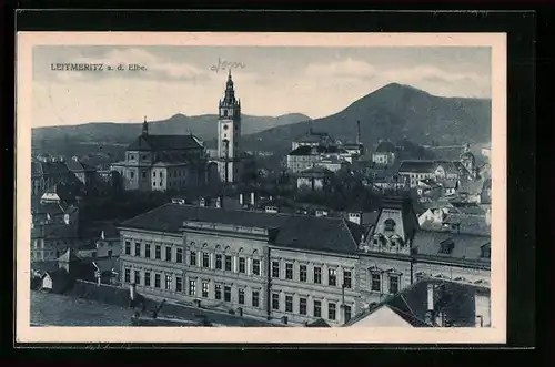 AK Leitmeritz a. d. Elbe, Ortspartie mit Kirche