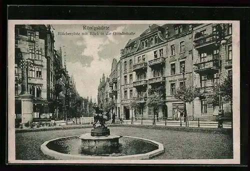 AK Königshütte, Blücherplatz mit Blick in die Girndtstrasse