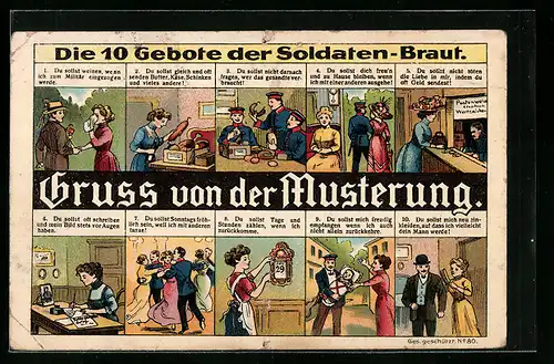 Lithographie Gruss von der Musterung: Die 10 Gebote der Soldaten-Braut