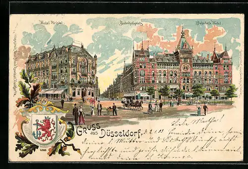 Lithographie Düsseldorf, Bahnhof-Hotel v. Werner & Schmidt, Bahnhofsplatz, Pferdekutsche, Radfahrer, Wappen