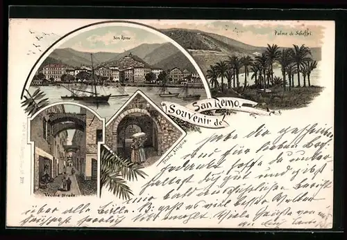 Lithographie San Remo, Vecchia Strada, Palme di Scheffel, Panorama