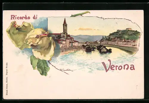 Lithographie Verona, Teilansicht, Rose