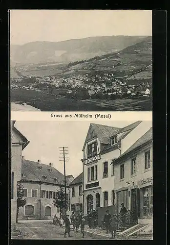 AK Mülheim /Mosel, Ortspartie mit Geschäftshaus und Ortsansässigen aus der Vogelschau