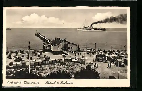 AK Zinnowitz, Ostseebad, Strand und Seebrücke mit Dampfer