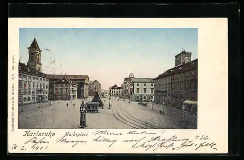 Goldfenster-AK Karlsruhe, Marktplatz, Häuser mit leuchtenden Fenstern