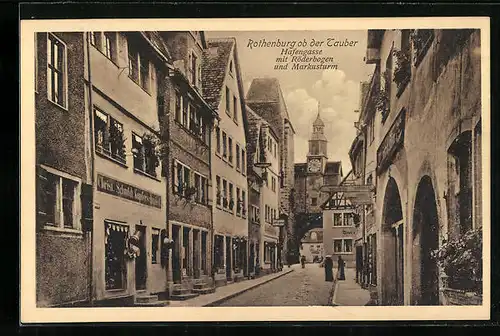 AK Rothenburg ob der Tauber, Strasse Hafengasse mit Kupferschmiede Christian Schmidt, Röderbogen und Markusturm