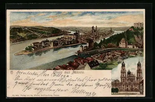 Lithographie Passau, Teilansicht, Dom