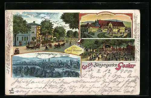 Lithographie Goslar, Restaurant Bürgergarten, Kaiserhaus, Ortsansicht bei Dämmerung