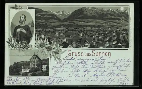 Mondschein-Lithographie Sarnen, Pfarrkirche und Hexenthurm, Panorama, Nikolaus von Flüe