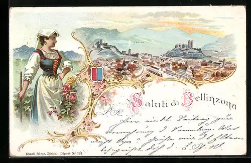 Lithographie Bellinzona, Panoramablick auf die Hauptstadt des Tessin, Tessinerin in Tracht