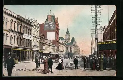 AK Melbourne, Swanston Street, Strassenpartie mit Strassenbahn