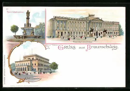 Lithographie Braunschweig, Heinrichsbrunnen, Residenzschloss, Hof-Theater