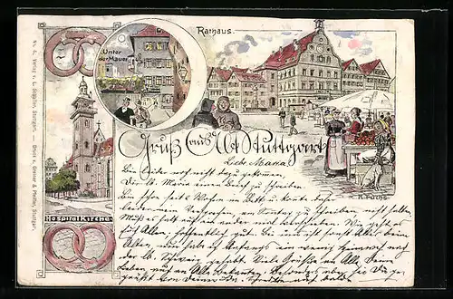 Lithographie Alt-Stuttgart, Rathaus, Hospitalkirche, Unter der Mauer bei Mondschein