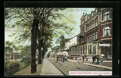 AK Bad Oeynhausen, Cafe Pavillon, Herforder Strasse und Nordbahnhof