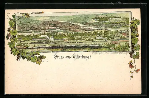 Lithographie Würzburg, Panorama der Stadt