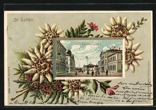 Präge-Lithographie St. Gallen, Bahnhofsplatz mit Passanten, Edelweiss