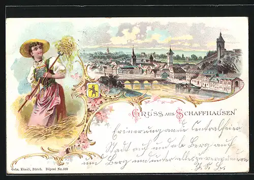 Lithographie Schaffhausen, Ortsansicht mit Brücke aus der Vogelschau, Bäuerin im Stroh, Wappen