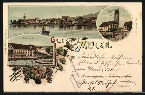Lithographie Meilen, Gasthof zum Löwen, Ortspartie mit Kirche, Ortspanorama, vom Wasser gesehen