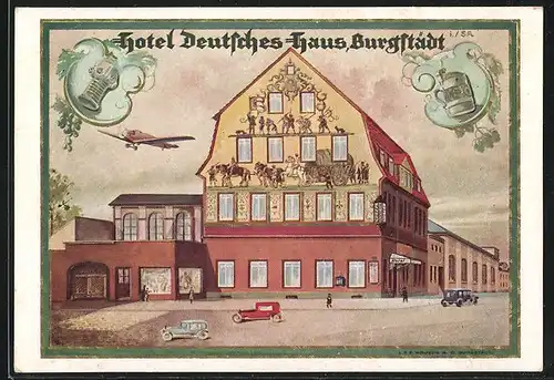 AK Burgstädt, Hotel Deutsches Haus, Flugzeug, Wappen