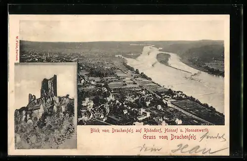 AK Rhöndorf, Blick vom Drachenfels auf Rhöndorf, Honnef und Nonnenwerth