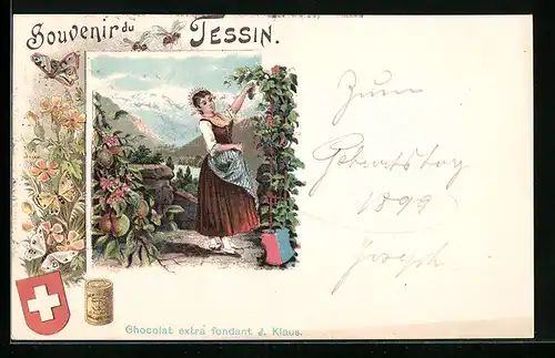 Lithographie Tessin, Chocolat extra fondant J. Klaus, Schweizerin bei der Weinlese