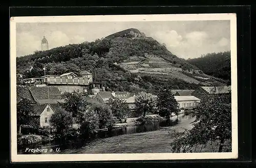 AK Freyburg a. U., Teilansicht mit Berg und Turm