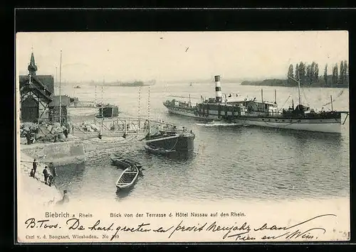 AK Biebrich a. Rhein, Blick v. d. Terrasse d. Hotel Nassau auf den Rhein